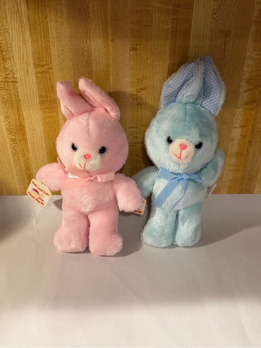 Vtg 2 Animal Fair Bunny Rabbit Plush Pastel Light Blue and pink Ribbon Polka